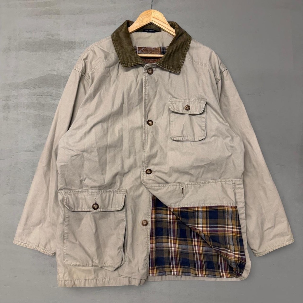Woodsman Barn‎ Coat Tan Canvas Plaid Lined Corduroy Collar Chore Jacket Large